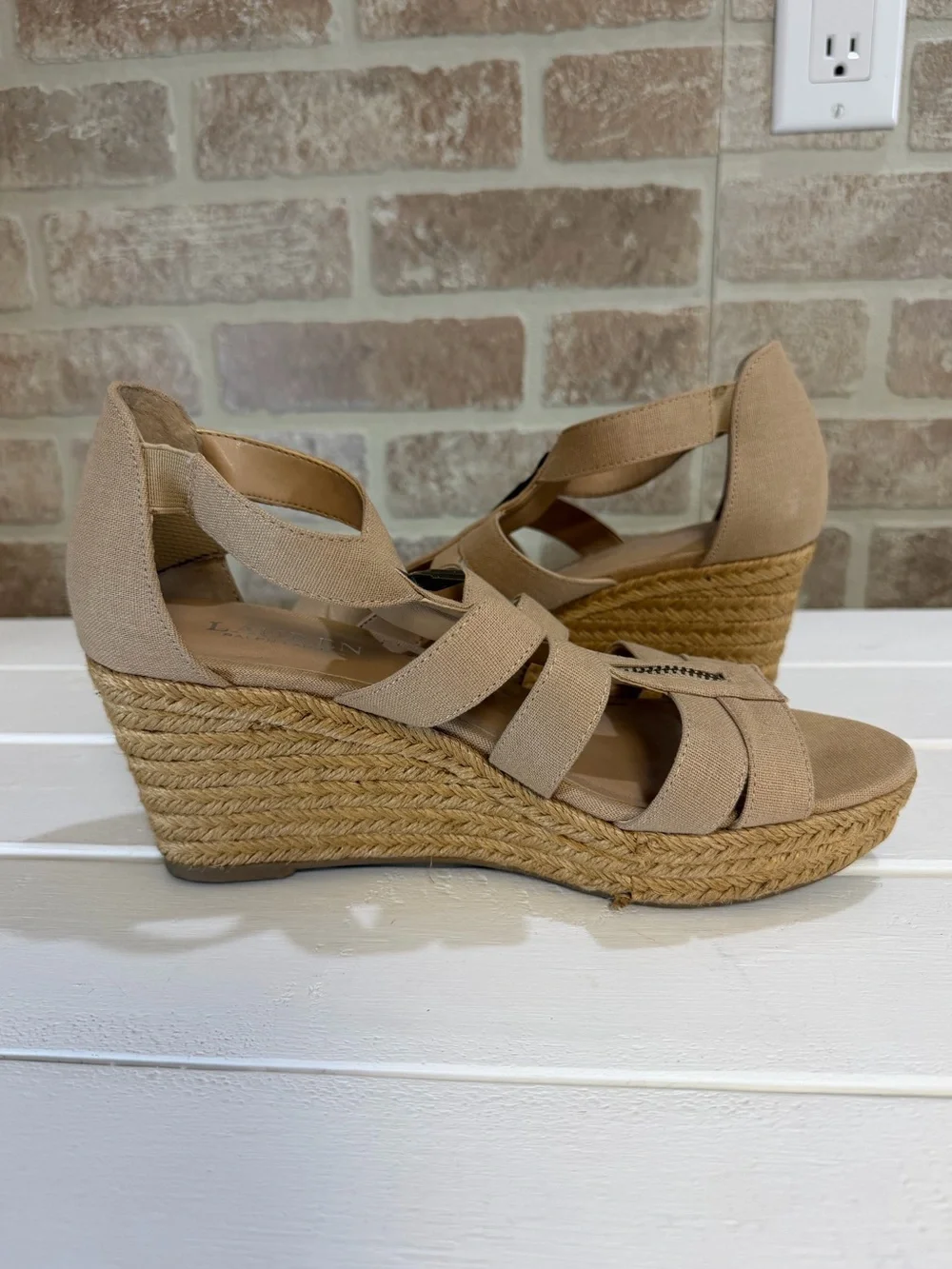 Lauren Ralph Lauren Kelcie Espadrille Wedge Sandals Beige Linen Zip Front SZ 8B